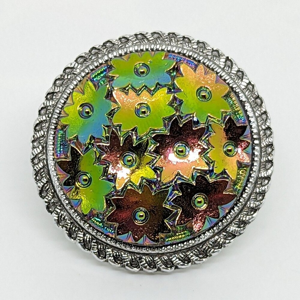 Vintage W. Germany AB Floral Silver-Tone Scarf Clip Iridescent Flowers